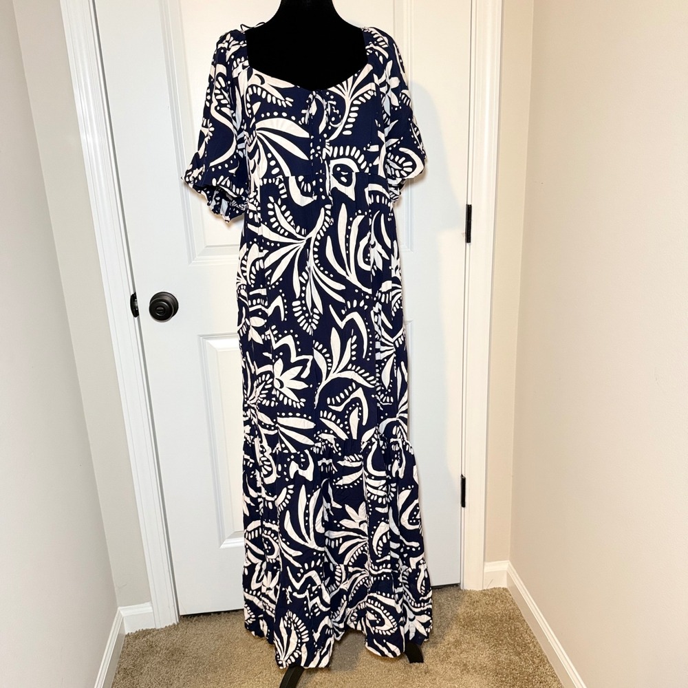 NEW! Vince Camuto Navy White Abstract Botanical Print Tiered Maxi Dress XL